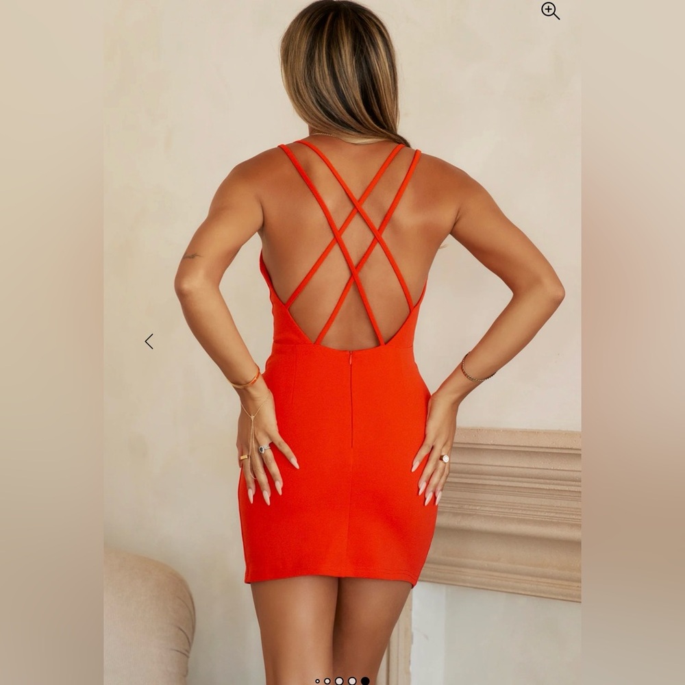 NWT HELLO MOLLY Cherry Limeade neon bodycon cross strap tangerine mini dress M - Picture 4 of 9